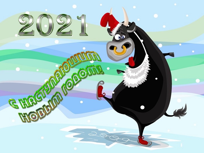 Бык на коньках - красивая новогодняя открытка 2021 с наступающим новым годом